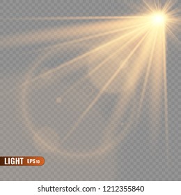 Vector transparent sunlight special lens flash light effect.front sun lens flash. Vector blur in the light of radiance. Element of decor. Horizontal stellar rays and searchlight.