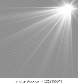 Vector transparent sunlight special lens flash light effect.front sun lens flash. Vector blur in the light of radiance. Element of decor. Horizontal stellar rays and searchlight.