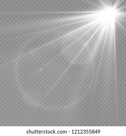Vector transparent sunlight special lens flash light effect.front sun lens flash. Vector blur in the light of radiance. Element of decor. Horizontal stellar rays and searchlight.