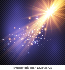 Vector transparent sunlight special lens flash light effect.front sun lens flash. Vector blur in the light of radiance. Element of decor. Horizontal stellar rays and searchlight.