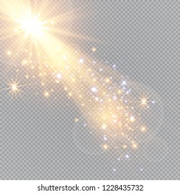 Vector transparent sunlight special lens flash light effect.front sun lens flash. Vector blur in the light of radiance. Element of decor. Horizontal stellar rays and searchlight.