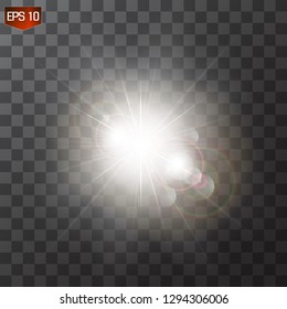 Vector transparent sunlight special lens flare light effect. Sun flash with rays and spotlight