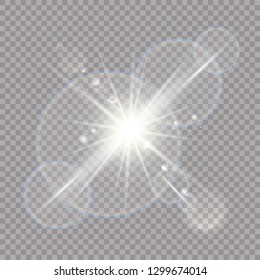 Vector transparent sunlight special lens flare light effect. Sun flash with rays and spotlight