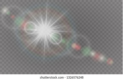 Vector transparent sunlight special lens flash light effect.front sun lens flash. Vector blur in the light of radiance. Element of decor.