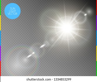 Vector transparent sunlight special lens flare light effect. Isolated sun flash rays and spotlight. White front translucent sunlight background. Blur abstract glow glare decor element. Star burst