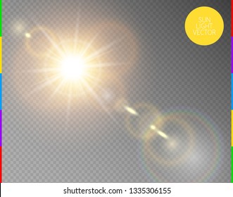 Vector transparent sunlight special lens flare light effect. Isolated sun flash rays and spotlight. Golden front translucent sunlight background. Blur abstract glow glare decor element. Star burst