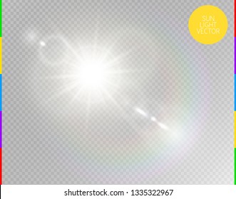 Vector transparent sunlight special lens flare light effect. Isolated sun flash rays and spotlight. White front translucent sunlight background. Blur abstract glow glare decor element. Star burst