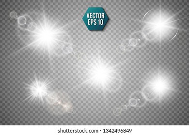 Vector transparent sunlight special lens flare light effect. Sun flash with rays and spotlight