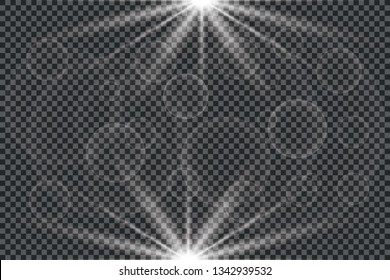Vector transparent sunlight special lens flash light effect.front sun lens flash. Vector blur in the light of radiance. Element of decor. Horizontal stellar rays and searchlight.