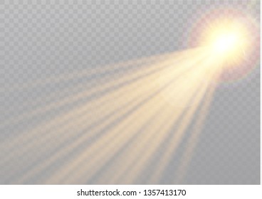 Vector transparent sunlight special lens flash light effect.front sun lens flash. Vector blur in the light of radiance. Element of decor. Horizontal stellar rays and searchlight.