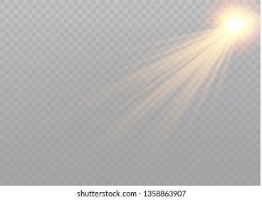Vector transparent sunlight special lens flash light effect.front sun lens flash. Vector blur in the light of radiance. Element of decor. Horizontal stellar rays and searchlight.