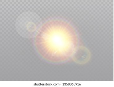 Vector transparent sunlight special lens flash light effect.front sun lens flash. Vector blur in the light of radiance. Element of decor. Horizontal stellar rays and searchlight.