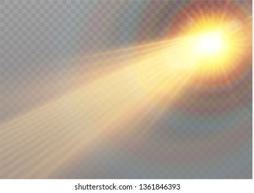 Vector transparent sunlight special lens flash light effect.front sun lens flash. Vector blur in the light of radiance. Element of decor. Horizontal stellar rays and searchlight.