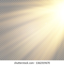 Vector transparent sunlight special lens flash light effect.front sun lens flash. Vector blur in the light of radiance. Element of decor. Horizontal stellar rays and searchlight.