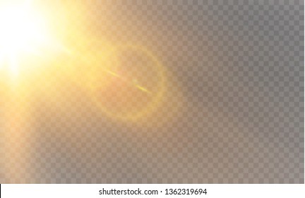 Vector transparent sunlight special lens flash light effect.front sun lens flash. Vector blur in the light of radiance. Element of decor. Horizontal stellar rays and searchlight.