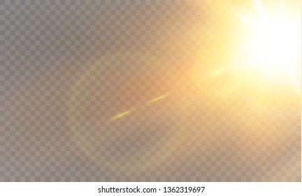 Vector transparent sunlight special lens flash light effect.front sun lens flash. Vector blur in the light of radiance. Element of decor. Horizontal stellar rays and searchlight.