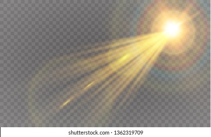 Vector transparent sunlight special lens flash light effect.front sun lens flash. Vector blur in the light of radiance. Element of decor. Horizontal stellar rays and searchlight.