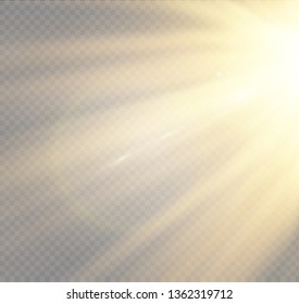 Vector transparent sunlight special lens flash light effect.front sun lens flash. Vector blur in the light of radiance. Element of decor. Horizontal stellar rays and searchlight.