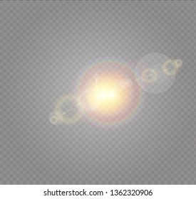 Vector transparent sunlight special lens flash light effect.front sun lens flash. Vector blur in the light of radiance. Element of decor. Horizontal stellar rays and searchlight.