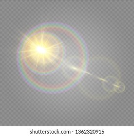 Vector transparent sunlight special lens flash light effect.front sun lens flash. Vector blur in the light of radiance. Element of decor. Horizontal stellar rays and searchlight.