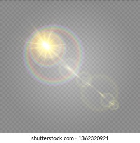 Vector transparent sunlight special lens flash light effect.front sun lens flash. Vector blur in the light of radiance. Element of decor. Horizontal stellar rays and searchlight.