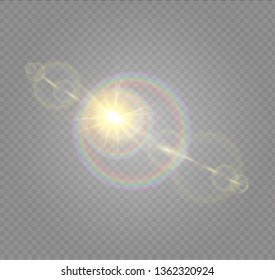 Vector transparent sunlight special lens flash light effect.front sun lens flash. Vector blur in the light of radiance. Element of decor. Horizontal stellar rays and searchlight.