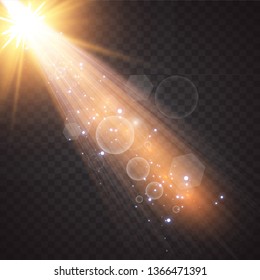 Vector transparent sunlight special lens flash light effect.front sun lens flash. Vector blur in the light of radiance. Element of decor. Horizontal stellar rays and searchlight. 