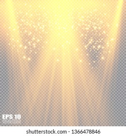 Vector transparent sunlight special lens flash light effect.front sun lens flash. Vector blur in the light of radiance. Element of decor. Horizontal stellar rays and searchlight. 