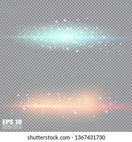 Vector transparent sunlight special lens flash light effect.front sun lens flash. Vector blur in the light of radiance. Element of decor. Horizontal stellar rays and searchlight. 