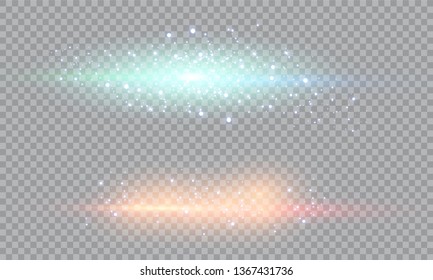 Vector transparent sunlight special lens flash light effect.front sun lens flash. Vector blur in the light of radiance. Element of decor. Horizontal stellar rays and searchlight. 