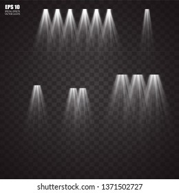 Vector transparent sunlight special lens flash light effect.front sun lens flash. Vector blur in the light of radiance. Element of decor. Horizontal stellar rays and searchlight. 