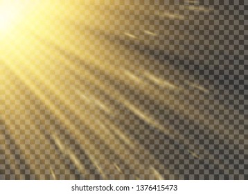 Vector transparent sunlight special lens flash light effect.front sun lens flash. Vector blur in the light of radiance. Element of decor. Horizontal stellar rays and searchlight.