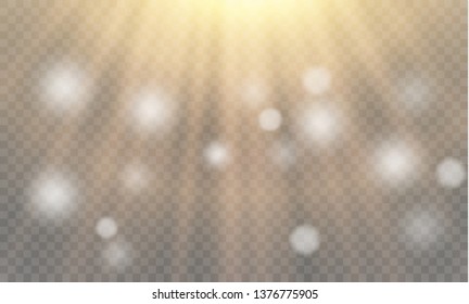 Vector transparent sunlight special lens flash light effect.front sun lens flash. Vector blur in the light of radiance. Element of decor. Horizontal stellar rays and searchlight.