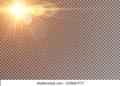 Vector transparent sunlight special lens flash light effect.front sun lens flash. Vector blur in the light of radiance. Element of decor. Horizontal stellar rays and searchlight.