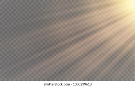 Vector transparent sunlight special lens flash light effect.front sun lens flash. Vector blur in the light of radiance. Element of decor. Horizontal stellar rays and searchlight.
