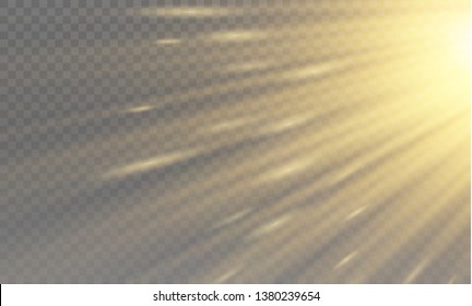Vector transparent sunlight special lens flash light effect.front sun lens flash. Vector blur in the light of radiance. Element of decor. Horizontal stellar rays and searchlight.