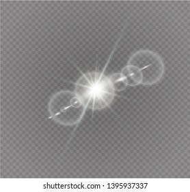 Vector transparent sunlight special lens flash light effect.front sun lens flash. Vector blur in the light of radiance. Element of decor. Horizontal stellar rays and searchlight.
