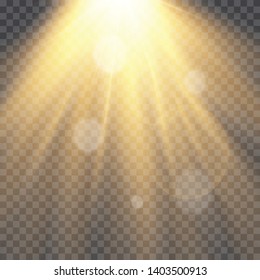 Vector transparent sunlight special lens flash light effect.front sun lens flash. Vector blur in the light of radiance. Element of decor. Horizontal stellar rays and searchlight.