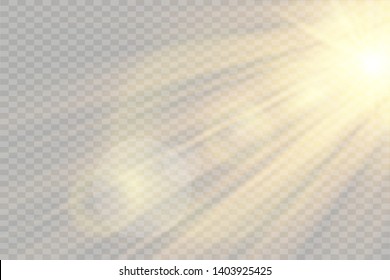 Vector transparent sunlight special lens flash light effect.front sun lens flash. Vector blur in the light of radiance. Element of decor. Horizontal stellar rays and searchlight.