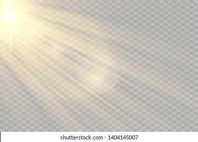 Vector transparent sunlight special lens flash light effect.front sun lens flash. Vector blur in the light of radiance. Element of decor. Horizontal stellar rays and searchlight.