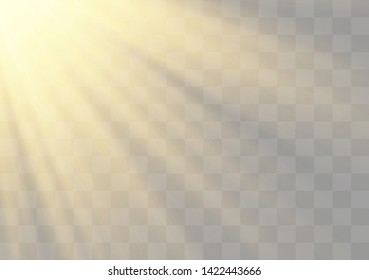 Vector transparent sunlight special lens flash light effect.front sun lens flash. Vector blur in the light of radiance. Element of decor. Horizontal stellar rays and searchlight.