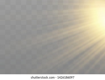 Vector transparent sunlight special lens flash light effect.front sun lens flash. Vector blur in the light of radiance. Element of decor. Horizontal stellar rays and searchlight.