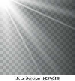 Vector transparent sunlight special lens flash light effect.front sun lens flash. Vector blur in the light of radiance. Sun rays, beams on transparent background. Vector illustration.