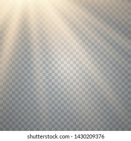 Vector transparent sunlight special lens flash light effect.front sun lens flash. Vector blur in the light of radiance. Sun rays, beams on transparent background. Vector illustration.