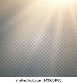 Vector transparent sunlight special lens flash light effect.front sun lens flash. Vector blur in the light of radiance. Sun rays, beams on transparent background. Vector illustration.