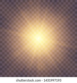 Vector transparent sunlight special lens flash light effect.front sun lens flash. Vector blur in the light of radiance. Light highlight yellow special effect with rays of light and magic sparkles. Sun