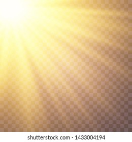 Vector transparent sunlight special lens flash light effect.front sun lens flash. Vector blur in the light of radiance. Light highlight yellow special effect with rays of light and magic sparkles. Sun