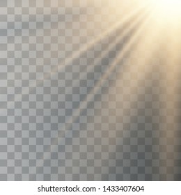 Vector transparent sunlight special lens flash light effect.front sun lens flash. Vector blur in the light of radiance. Sun rays, beams on transparent background. Vector illustration.