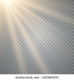 Vector transparent sunlight special lens flash light effect.front sun lens flash. Vector blur in the light of radiance. Sun rays, beams on transparent background. Vector illustration.