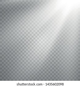 Vector transparent sunlight special lens flash light effect.front sun lens flash. Vector blur in the light of radiance. Sun rays, beams on transparent background. Vector illustration.
